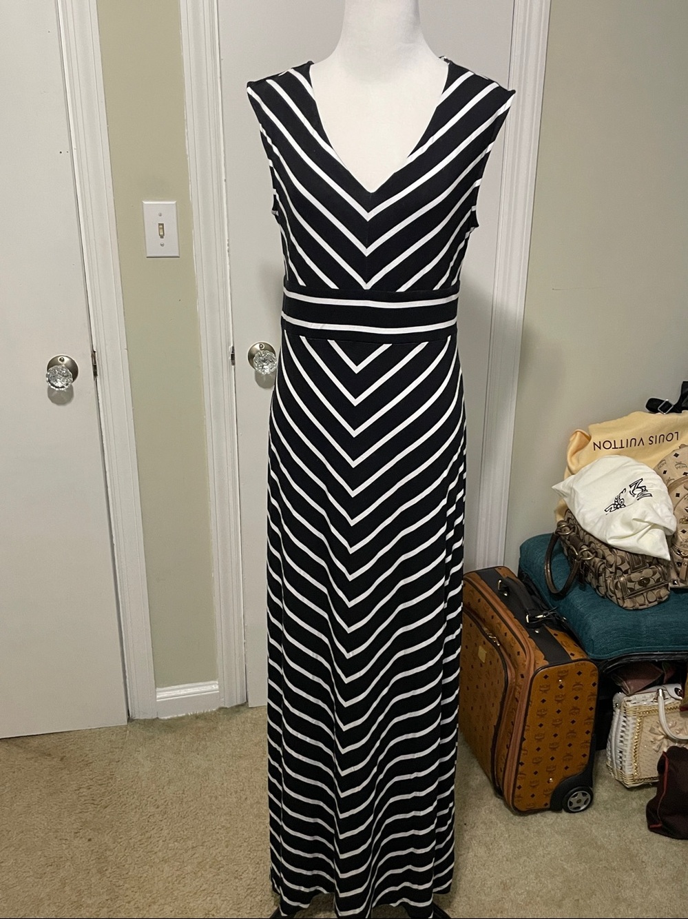NWT- Apt. 9 Black and White Striped V-Neck Maxi Dress
